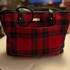 Chaps red, green and black checked tote with Black leather like trim.
